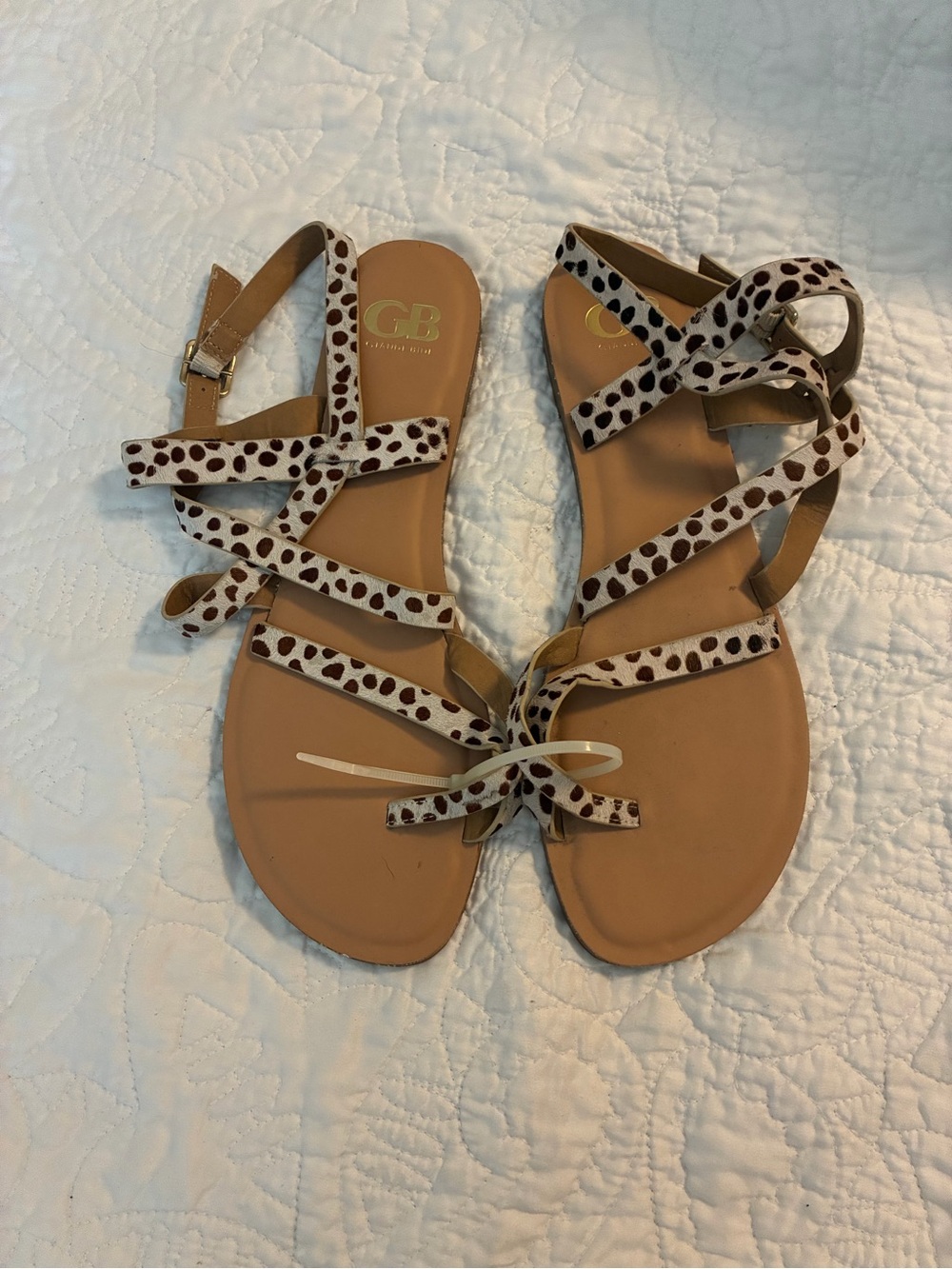 Gianni Bini Tan Footbed Sandals with White and Brown Spot Straps